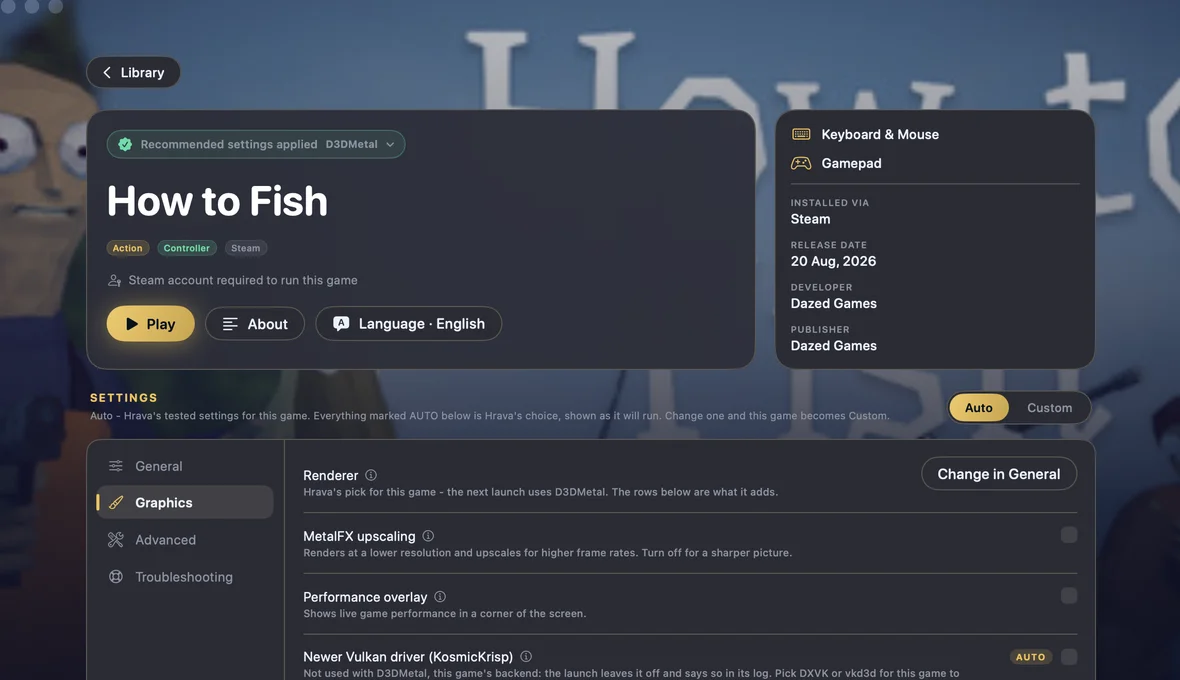 Hrava screenshot: game settings - engine, MetalFX, language